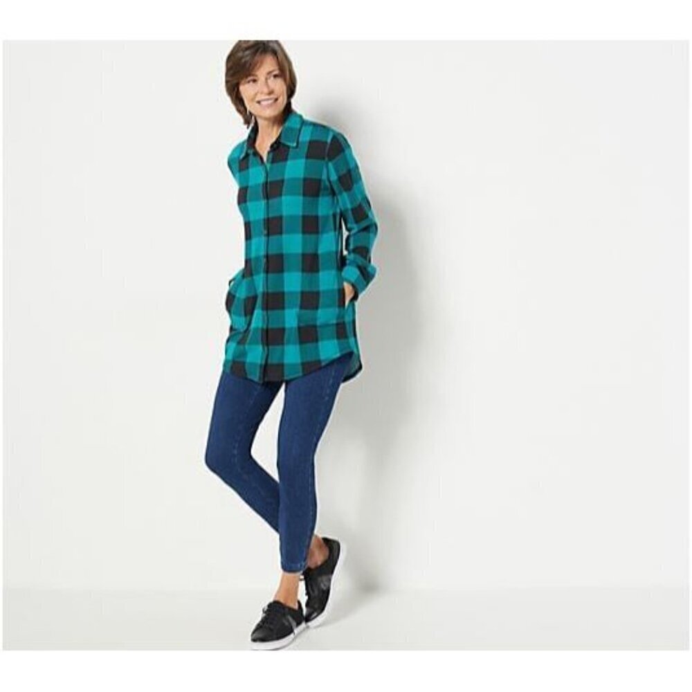 Denim & Co. Heavenly Jersey Buffalo Plaid Button Front Tunic Top